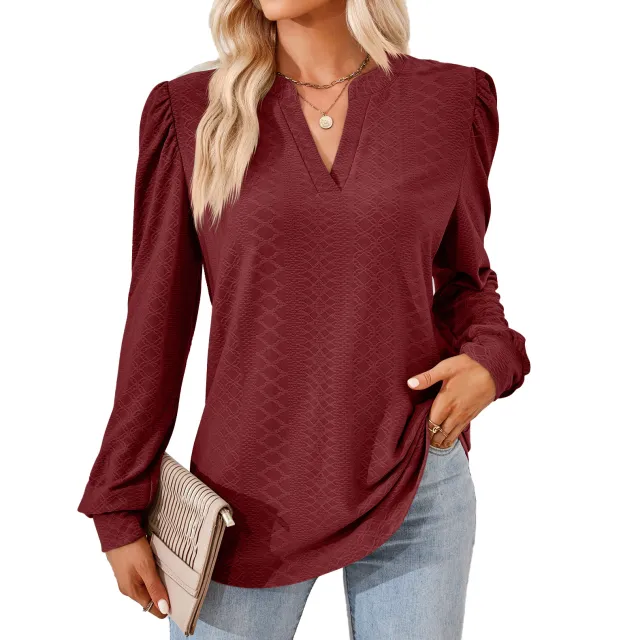 V neck Jacquard Long Sleeve Loose fitting T shirt Top Ladies Red - Shop at LoveMi