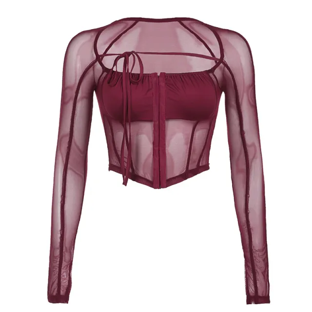 Mesh T Shirt Woman Square neck Long Sleeve Short Top Red - Shop at LoveMi