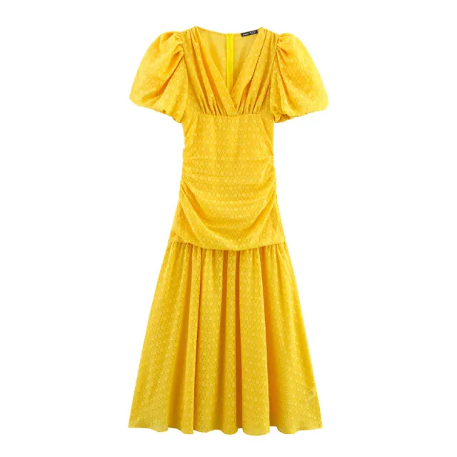 Cut Flower Slim Fit V neck Puff Sleeve Women's Dress Yellow - Shop at LoveMi