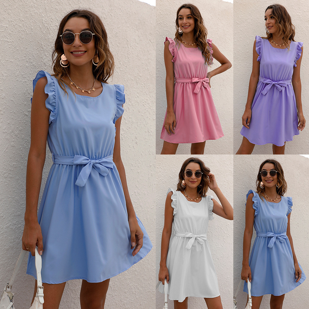 Womens Solid-Color Crew-Neck Lace-Up Waist-Cinched Dress