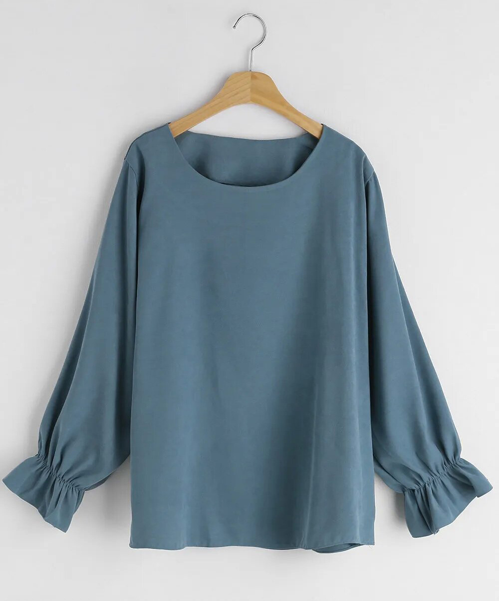 Pure Color Casual Versatile Round Neck Long Sleeve Top Blue - Shop at LoveMi