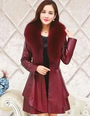 6 color Leather Imitation Fox Fur Collar Women's Mid length Coat Red - Shop at LoveMi