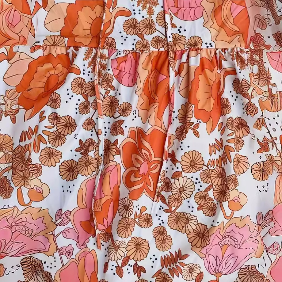 Women's Temperament Short Sleeve V-neck Lace-up Flower Button Dress