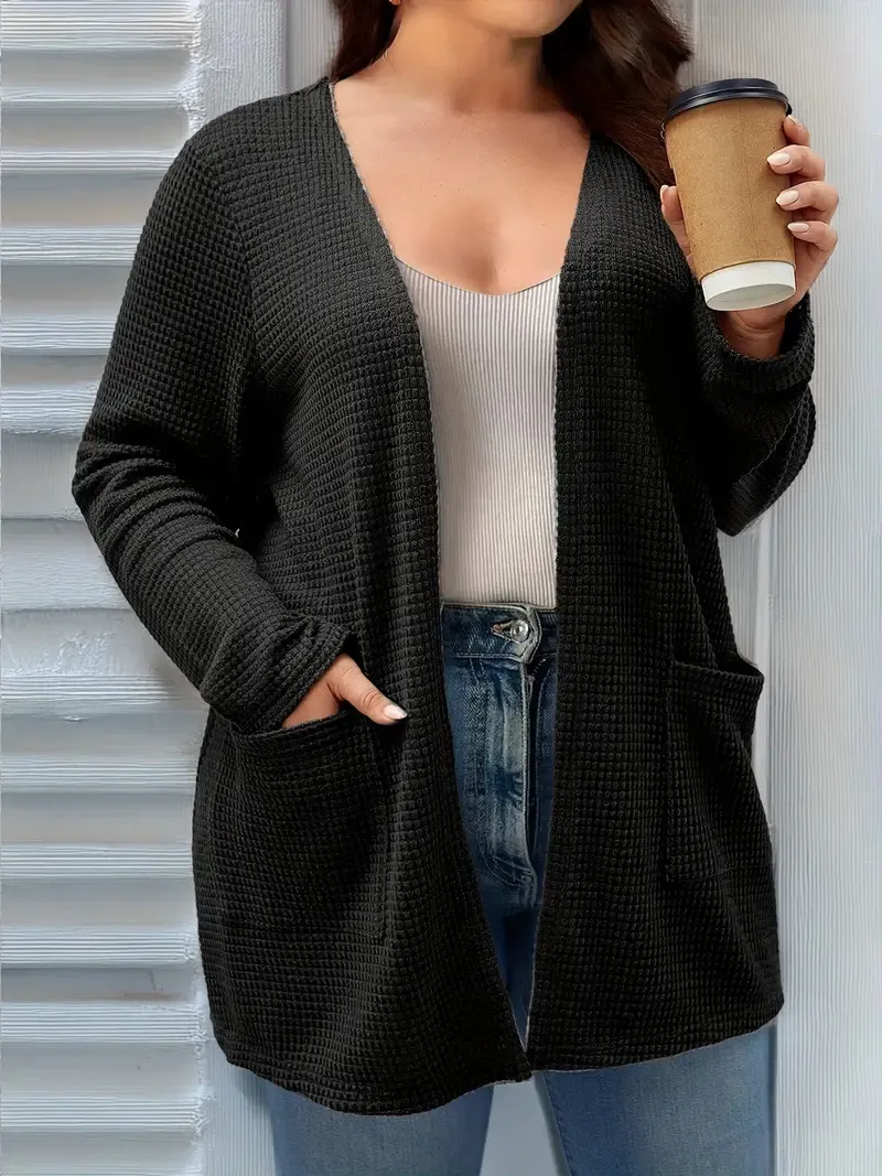 Autumn And Winter New Long Sleeve Pocket Casual Solid Color Cardigan Jacket - Black