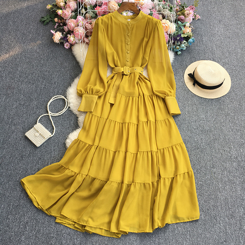 Solid Color Chiffon Long Sleeve Dress
