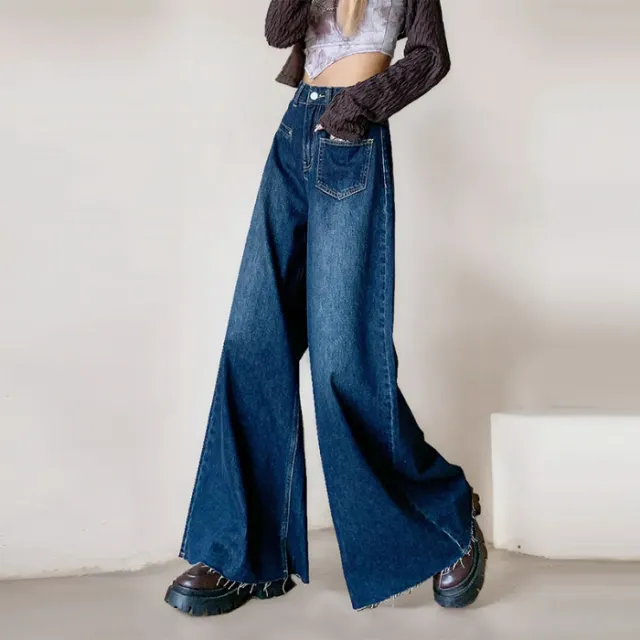 High waisted Fashionable Wide leg Flare Jeans For Women Dark Blue - Shop at LoveMi