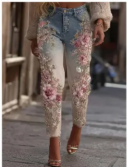 Womens Colorful Floral Loose fit Jeans Blue - Shop at LoveMi