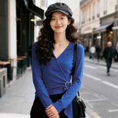 V-neck Fleece Long-sleeved New Autumn Short Slim Fit Innerwear - Sapphire Blue - View 1
