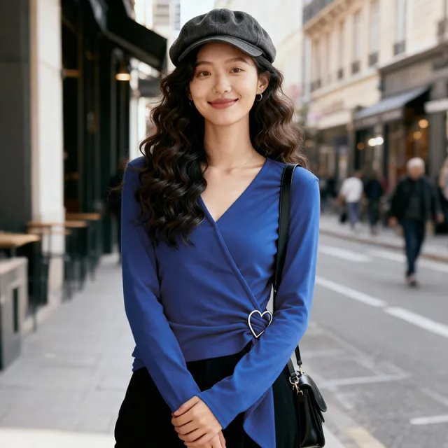 V neck Fleece Long sleeved New Autumn Short Slim Fit Innerwear Sapphire Blue - Shop at LoveMi