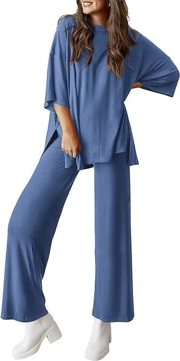 Casual Short sleeved Pullover Top Wide leg Pants Casual Suit Blue - Shop at LoveMi