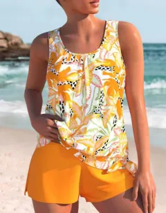 European And American Sexy Printed Drawstring Lace Boxer Swimsuit - Orange - View 1