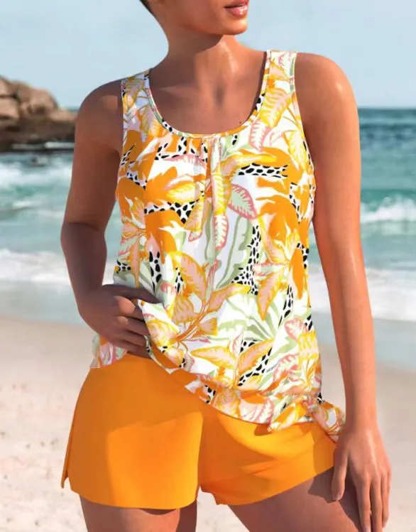 European And American Sexy Printed Drawstring Lace Boxer Swimsuit - Orange