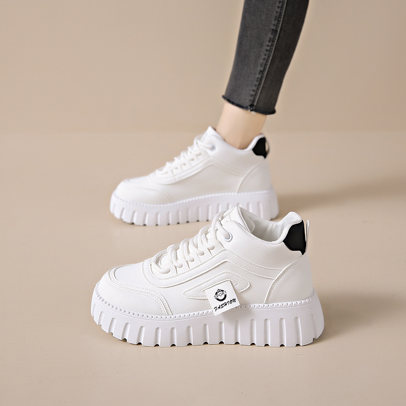 Breathable High-top White Shoes For Women Versatile Chunky-soled Athletic-casual Style