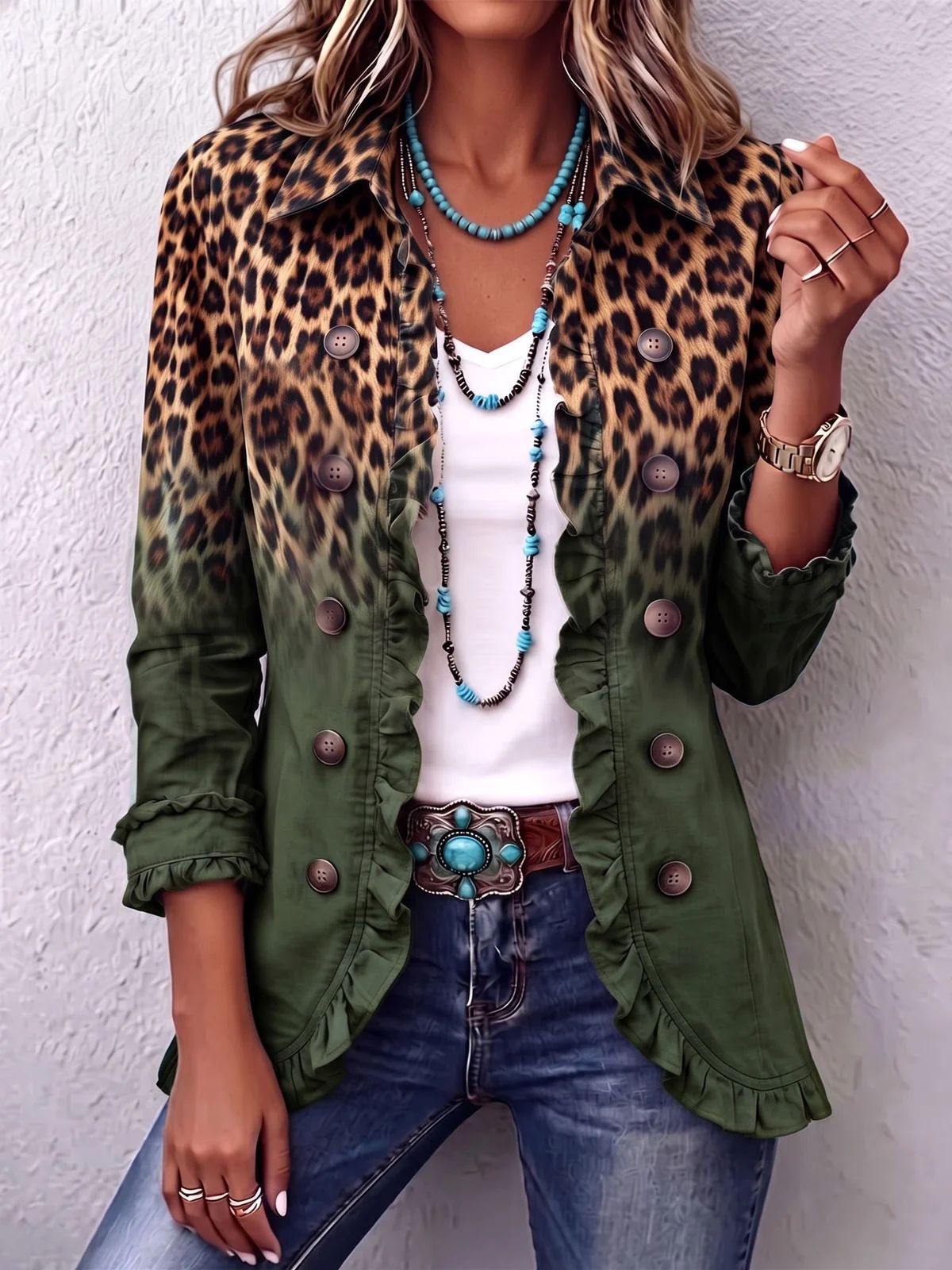 Women's long sleeve cardigan – solid and leopard print OL commuter style – front view