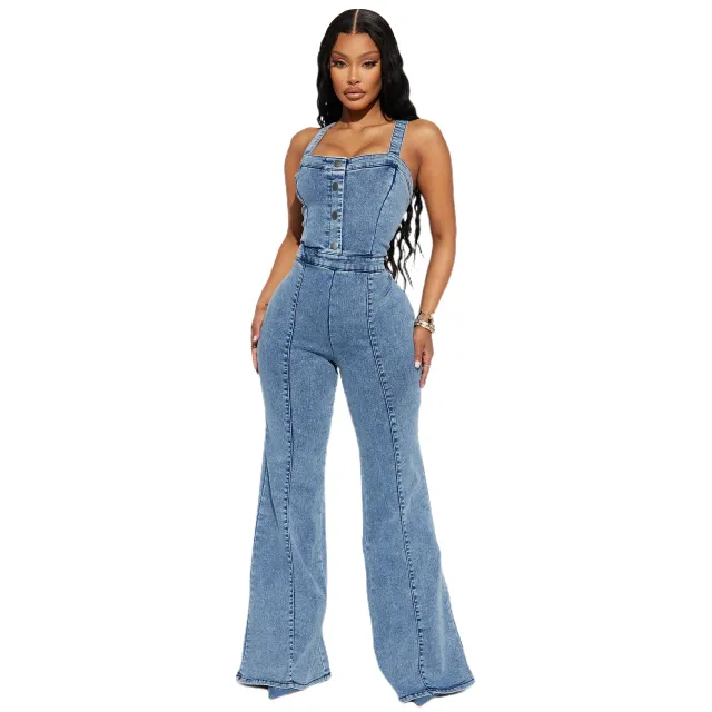 Jumpsuit Women's New Washed Suspender Wide leg Pants Slim Fit Slimming Blue - Shop at LoveMi