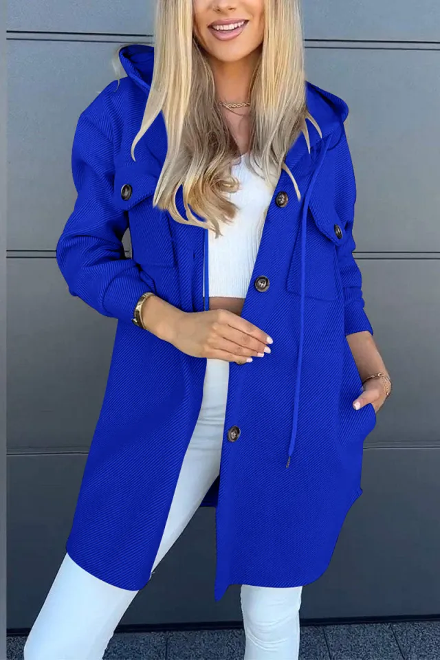 Autumn And Winter Leisure Hooded Pocket Long Sleeve Twill Jacket Blue - Shop at LoveMi