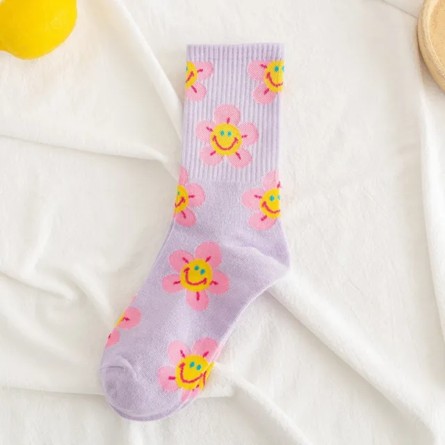 Socks Women's Smiling Flower Female Middle Tube Socks SUNFLOWER Jacquard Socks Purple - Shop at LoveMi