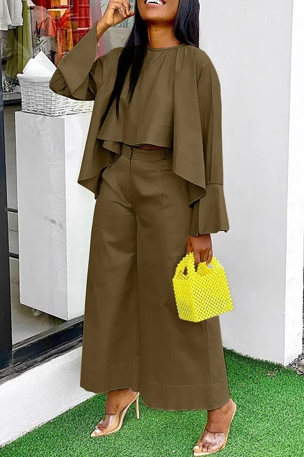 Casual Two piece Suit Front Short Back Long Bell Sleeve Top Wide Leg Pants Suit Green - Shop at LoveMi