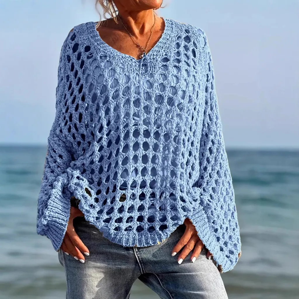 Loose Leisure All-matching Hollow Long Sleeve Plus Size Women's Knitted Sweater - Blue