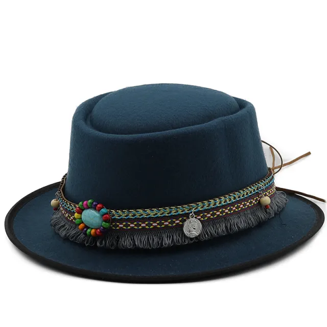 Women's Flat Top Flat Brim Woolen Hat Peacock Blue - Shop at LoveMi