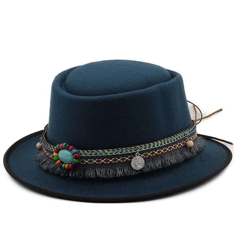 Women's Flat Top Flat Brim Woolen Hat - Peacock Blue