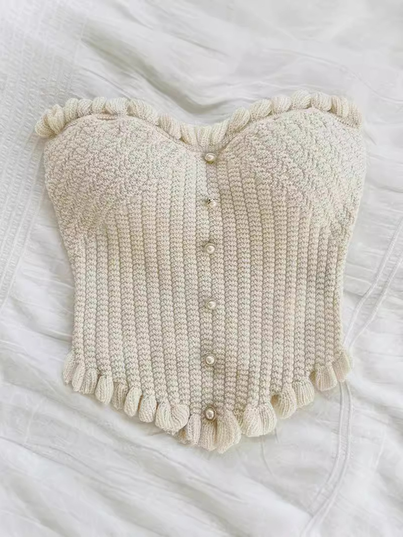 White Knitted Fabric Tube Top New Knitted Slim Fit Single Row Multi buckle White - Shop at LoveMi