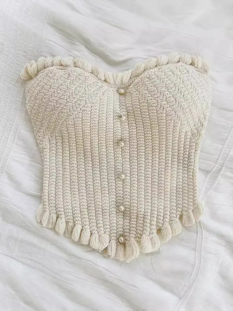White Knitted Fabric Tube Top New Knitted Slim Fit Single Row Multi-buckle - White Knitted Fabric Tube Top