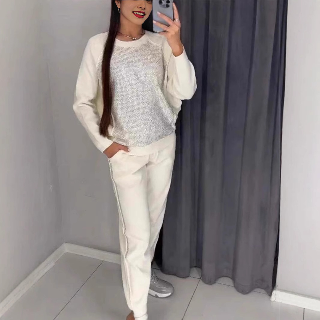 Rhinestone Long Sleeve Round Neck Sports Suit