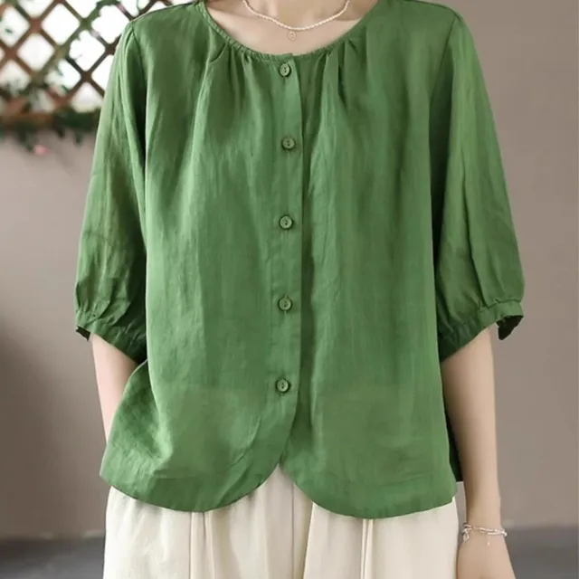 Cotton And Linen Shirt Women's Elegant Single breasted Round Neck Top Green - Shop at LoveMi