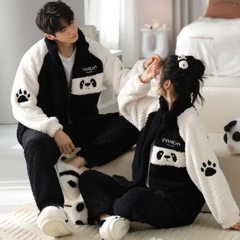 Flannel Couple Pajamas Men's Autumn and Winter Thickened Keep