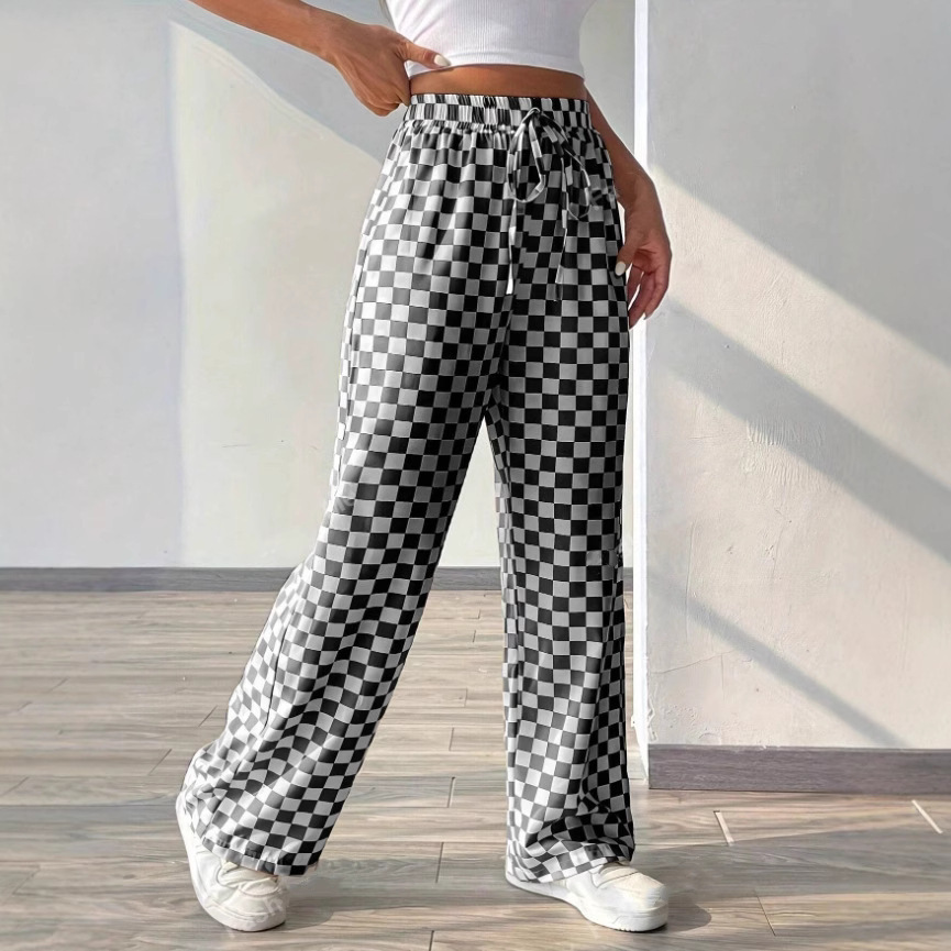 Womens Plaid Printed Straight-Leg Wide-Leg Pants product image
