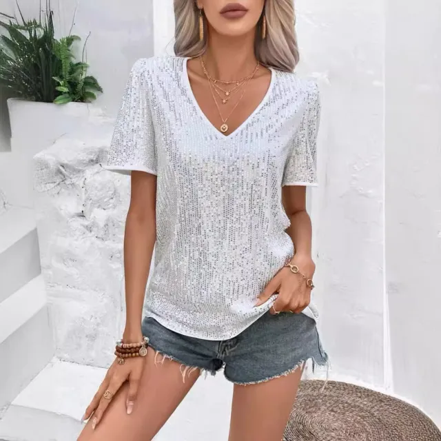 Women's Solid Color Sequin V neck Loose Short Sleeve White - Shop at LoveMi