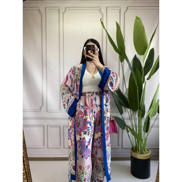 Casual Printed Design Long Shirt Wide Leg Pants Suit Blue - Shop at LoveMi