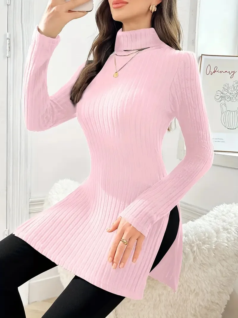 Plus Size Women's Turtleneck Pullover Side Slit Mid-length Sweater - Pink