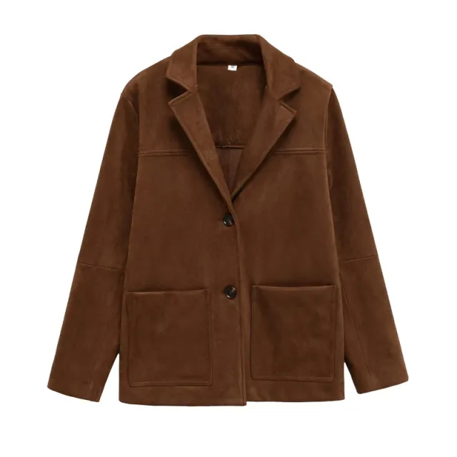 New Suede Texture Loose Casual Long Sleeves Suit Jacket Suede Tan - Shop at LoveMi
