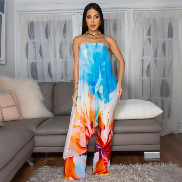 Printed Tube Top Top And Trousers Stitching Two piece Suit Blue - Shop at LoveMi