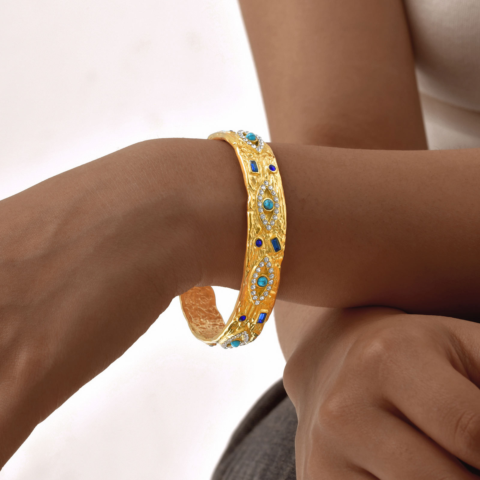 Stainless Steel Zircon Turquoise Eye Open Bracelet In Gold Color Fee9fe4f E719 4a86 Ae03 Eedf25e6912b