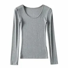 Round Neck Stretch Slim Fit Long-sleeved T-shirt Women - Light Grey - View 1
