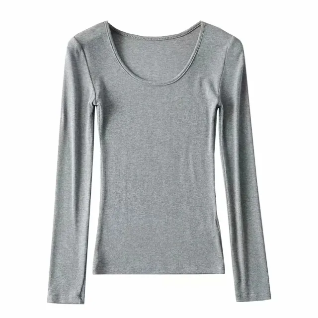 Round Neck Stretch Slim Fit Long sleeved T shirt Women Light Gray - Shop at LoveMi