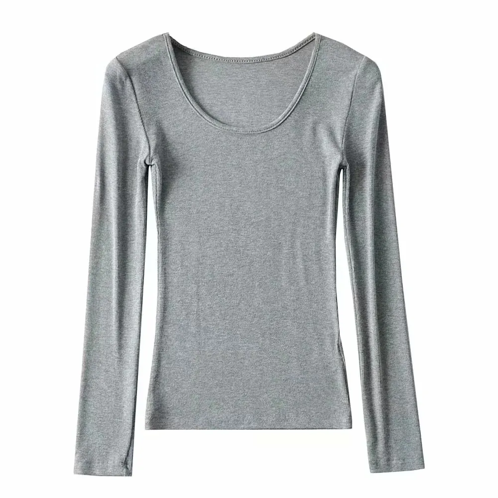 Round Neck Stretch Slim Fit Long-sleeved T-shirt Women - Light Gray