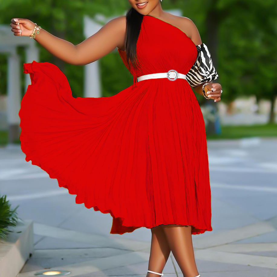 Womens Solid-Colored Pleated Maxi-Skirt Casual Dress 4