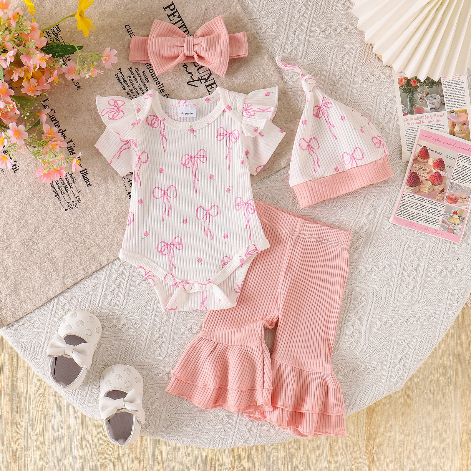 Summer Bow-Print Jumpsuit With Flared Pants