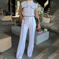 Casual Solid Color Loose Trousers Two-piece Set - White - View 1