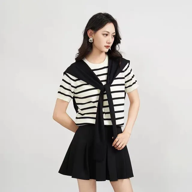 Women's Shawl Contrast Color Striped Short Sleeve Knitted Black - Shop at LoveMi