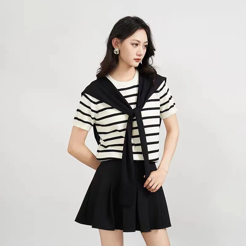 Women's Shawl Contrast Colour Striped Short Sleeve Knitted - Black