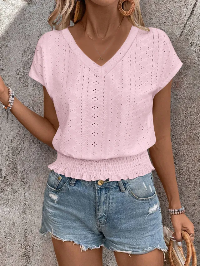 V neck Hollow out Smocking Short sleeved T shirt Casual Top Pink - Shop at LoveMi