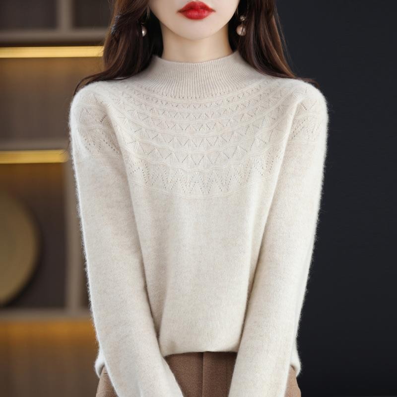 Hollow Wool Base Shirt Women's Clothing Half-collar Wool Sweater