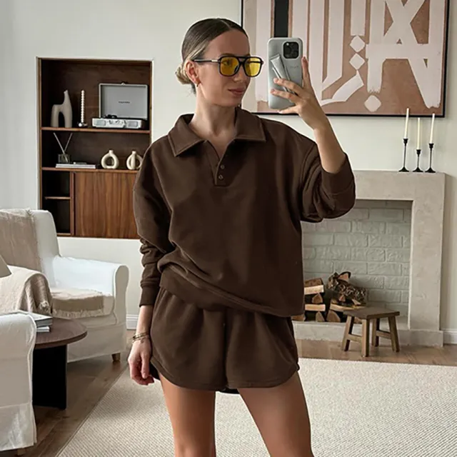 Autumn And Winter Leisure Top Shorts Polo Shirt Suit Brown - Shop at LoveMi