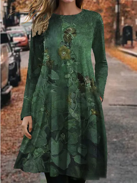 European And American Summer 3D Printing Dress Floral Round Neck Long Sleeve Type D - Shop at LoveMi