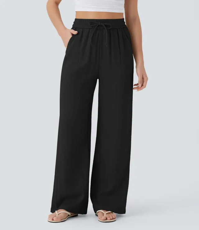 Women's Solid Color Casual Wide Leg Loose Drawstring Trousers Black - Shop at LoveMi